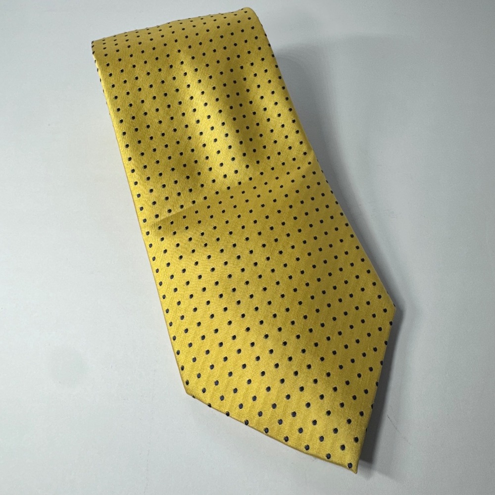 Van Heusen Men's Yellow Silk Polka Dot‎ Necktie Navy Blue Dots Stain Resistant
